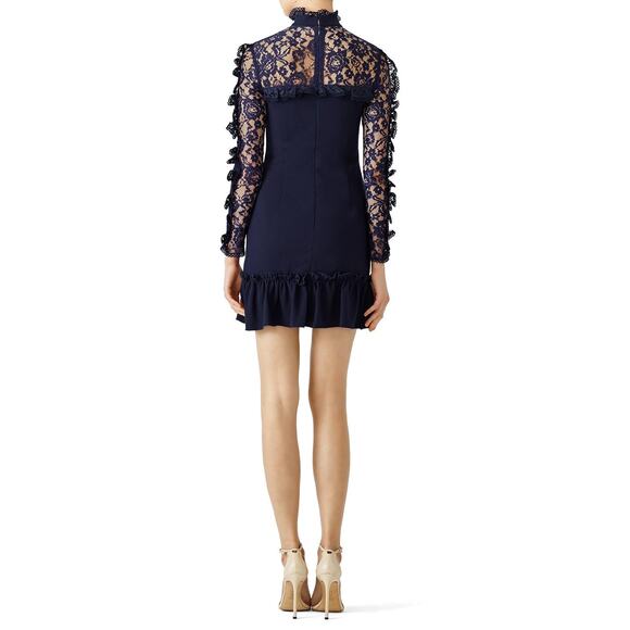 Nicholas Navy Blue Ruffle Trim Lace Long Sleeve Mini Dress Size 2 - Picture 2 of 14
